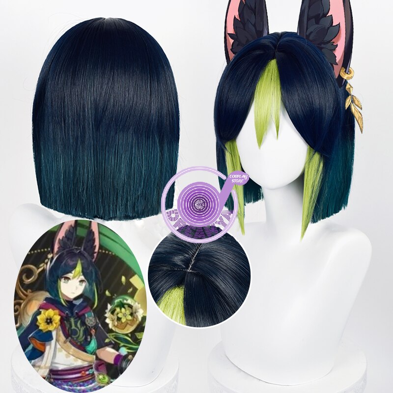 Tighnari Cosplay Wig Genshin Impact Game Sumeru Dark Blue Green Short Heat Resistant Synthetic Hair Halloween Party 